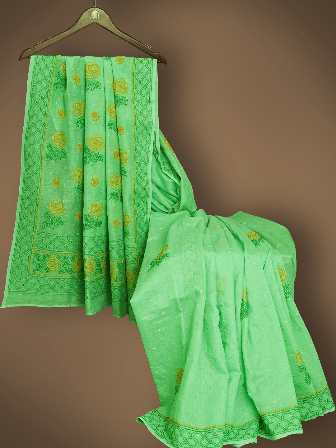 Ada Hand Embroidered Green Chanderi Lucknowi Chikankari Saree With Blouse 01A642649