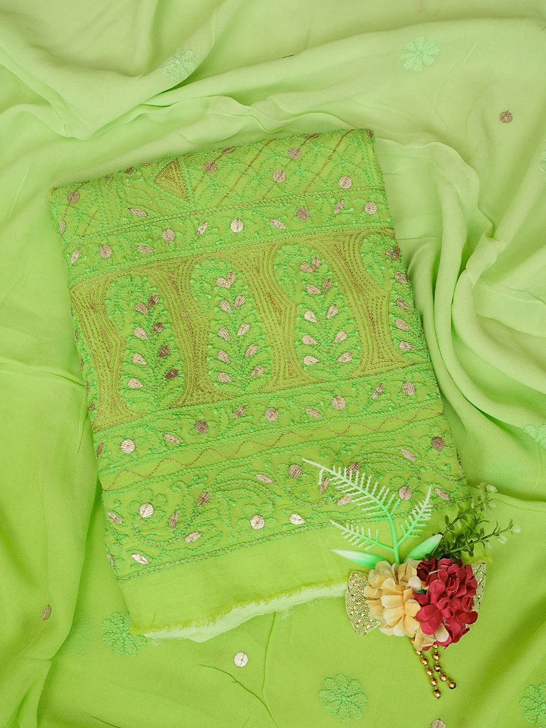 Ada Hand Embroidered Lime Green Viscose Georgette Lucknowi Chikankari Unstitched Kurta Dupatta Set With Gota Patti Work 01A751196