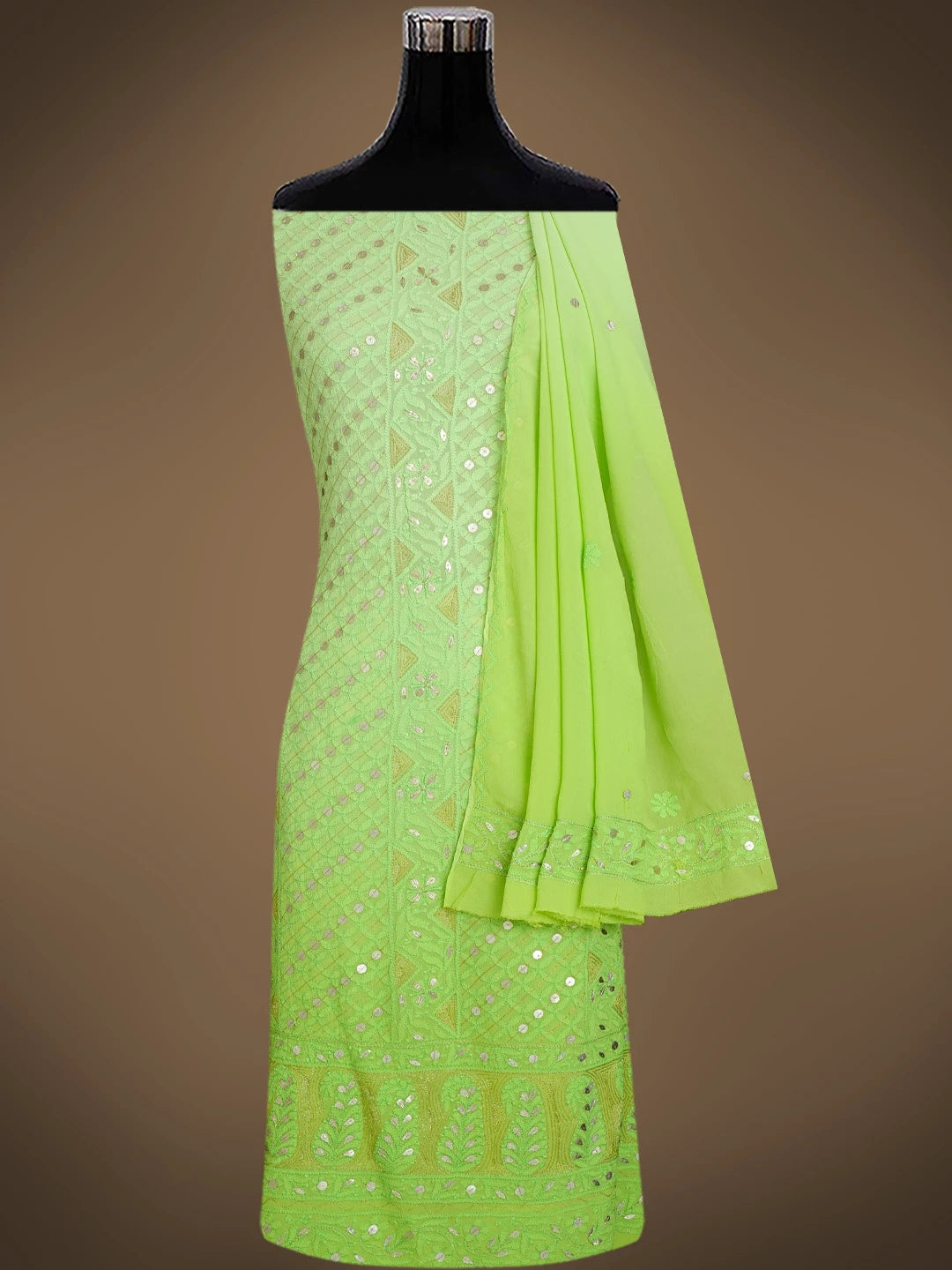 Ada Hand Embroidered Lime Green Viscose Georgette Lucknowi Chikankari Unstitched Kurta Dupatta Set With Gota Patti Work 01A751196