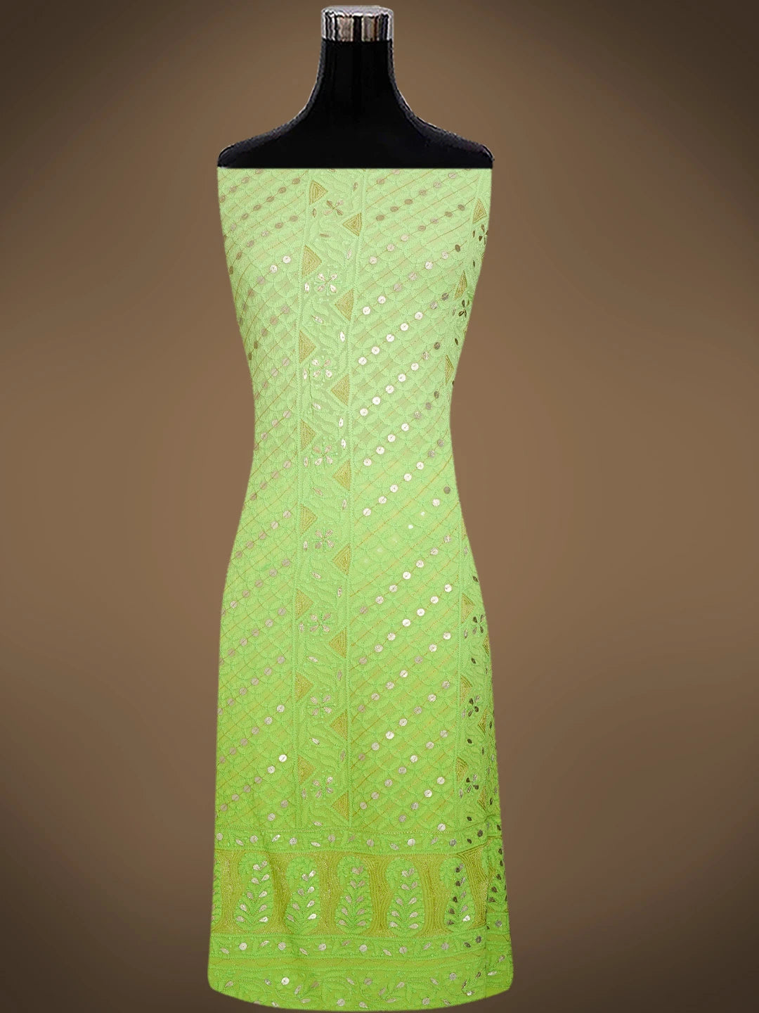 Ada Hand Embroidered Lime Green Viscose Georgette Lucknowi Chikankari Unstitched Kurta Dupatta Set With Gota Patti Work 01A751196