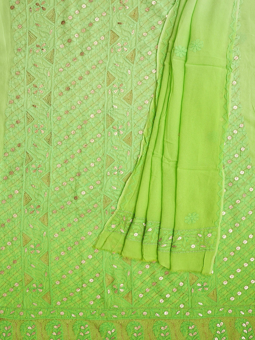Ada Hand Embroidered Lime Green Viscose Georgette Lucknowi Chikankari Unstitched Kurta Dupatta Set With Gota Patti Work 01A751196