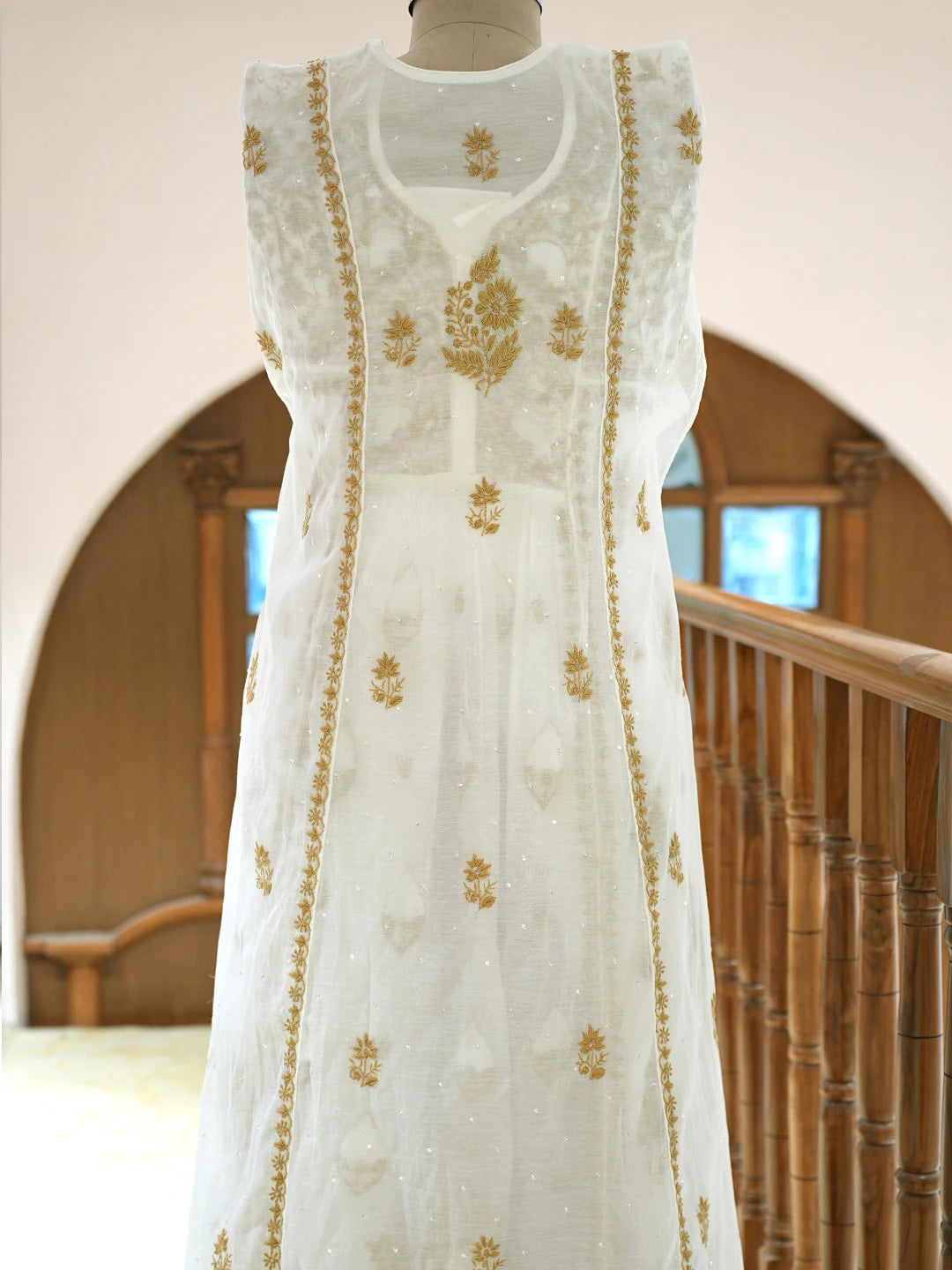 Ada Hand Embroidered White Chanderi Lucknowi Chikankari Semi-Stitched Kurta Dupatta Set With Pearl Work 01A809072
