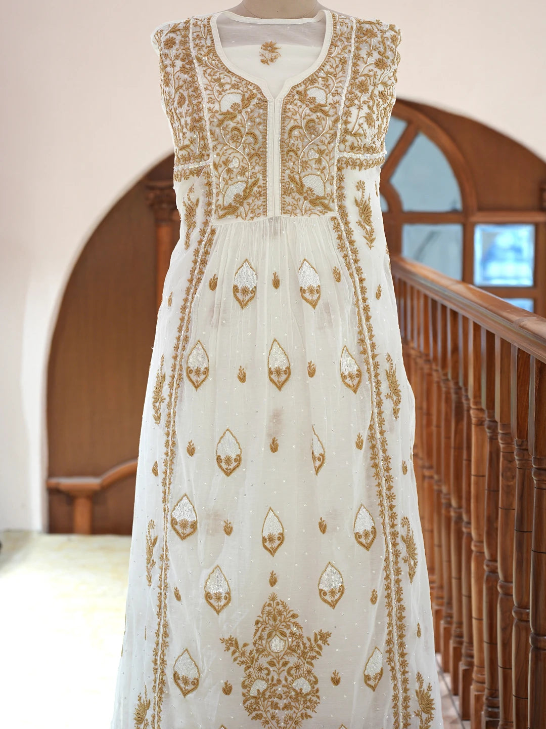 Ada Hand Embroidered White Chanderi Lucknowi Chikankari Semi-Stitched Kurta Dupatta Set With Pearl Work 01A809072