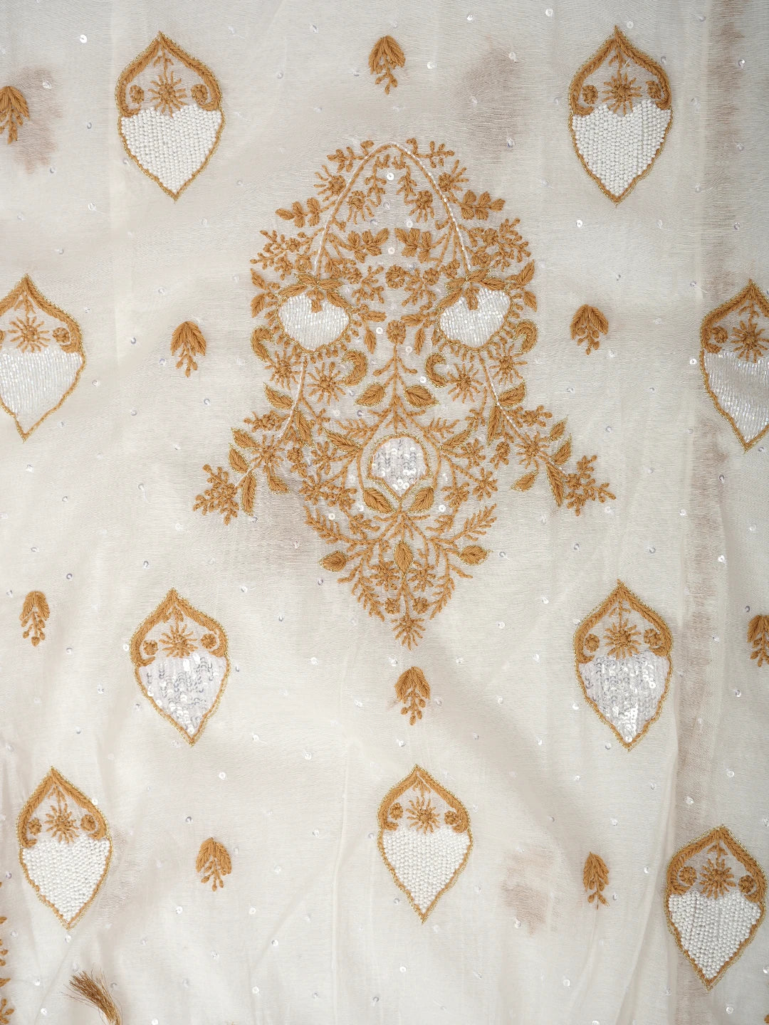 Ada Hand Embroidered White Chanderi Lucknowi Chikankari Semi-Stitched Kurta Dupatta Set With Pearl Work 01A809072