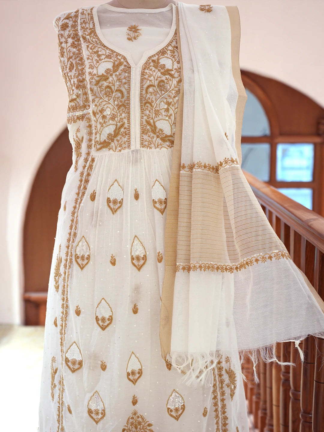 Ada Hand Embroidered White Chanderi Lucknowi Chikankari Semi-Stitched Kurta Dupatta Set With Pearl Work 01A809072
