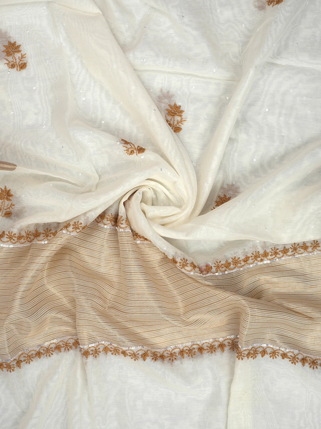 Ada Hand Embroidered White Chanderi Lucknowi Chikankari Semi-Stitched Kurta Dupatta Set With Pearl Work 01A809072