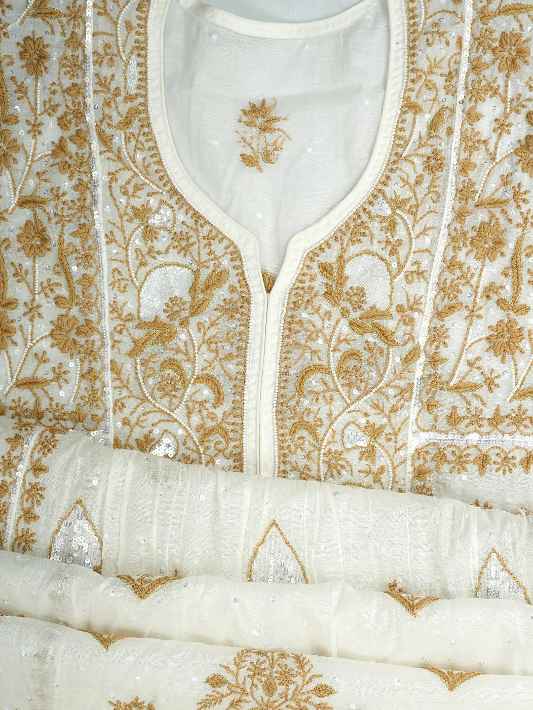 Ada Hand Embroidered White Chanderi Lucknowi Chikankari Semi-Stitched Kurta Dupatta Set With Pearl Work 01A809072