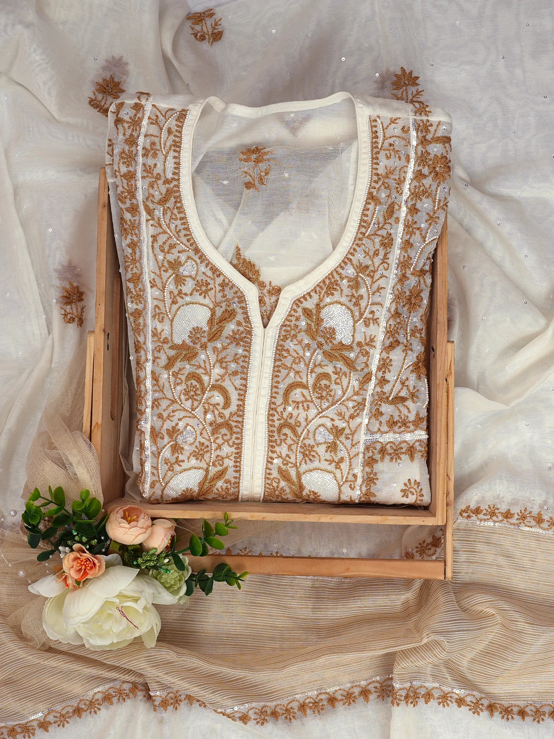 Ada Hand Embroidered White Chanderi Lucknowi Chikankari Semi-Stitched Kurta Dupatta Set With Pearl Work 01A809072