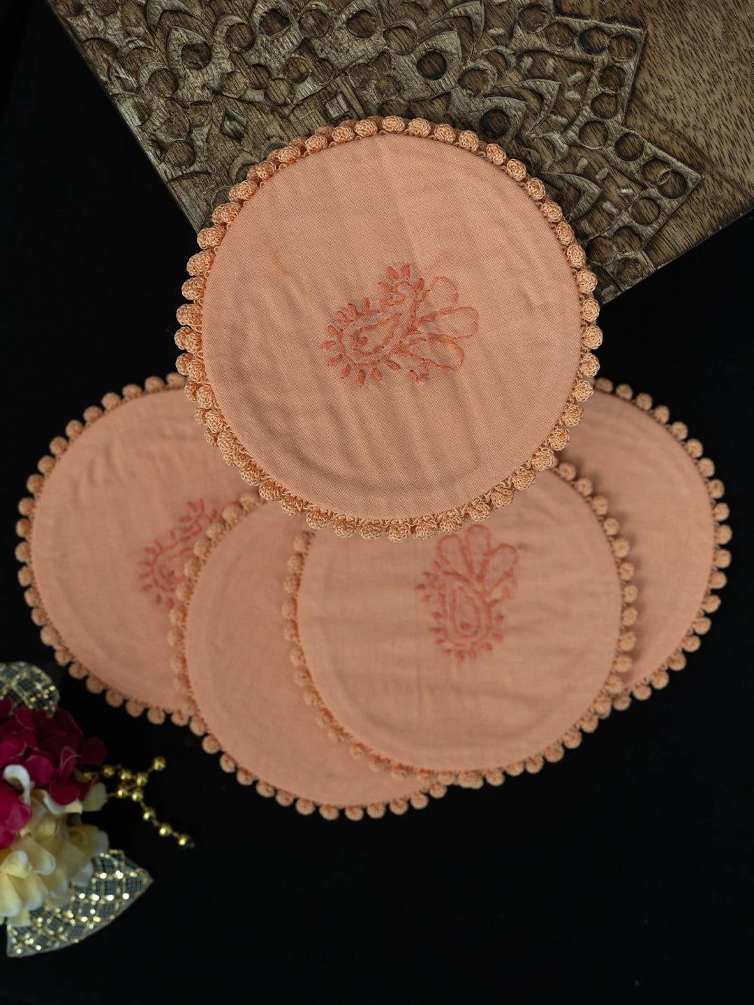 Ada Hand Embroidered Peach Cotton Lucknowi Chikankari Coaster 08A503042