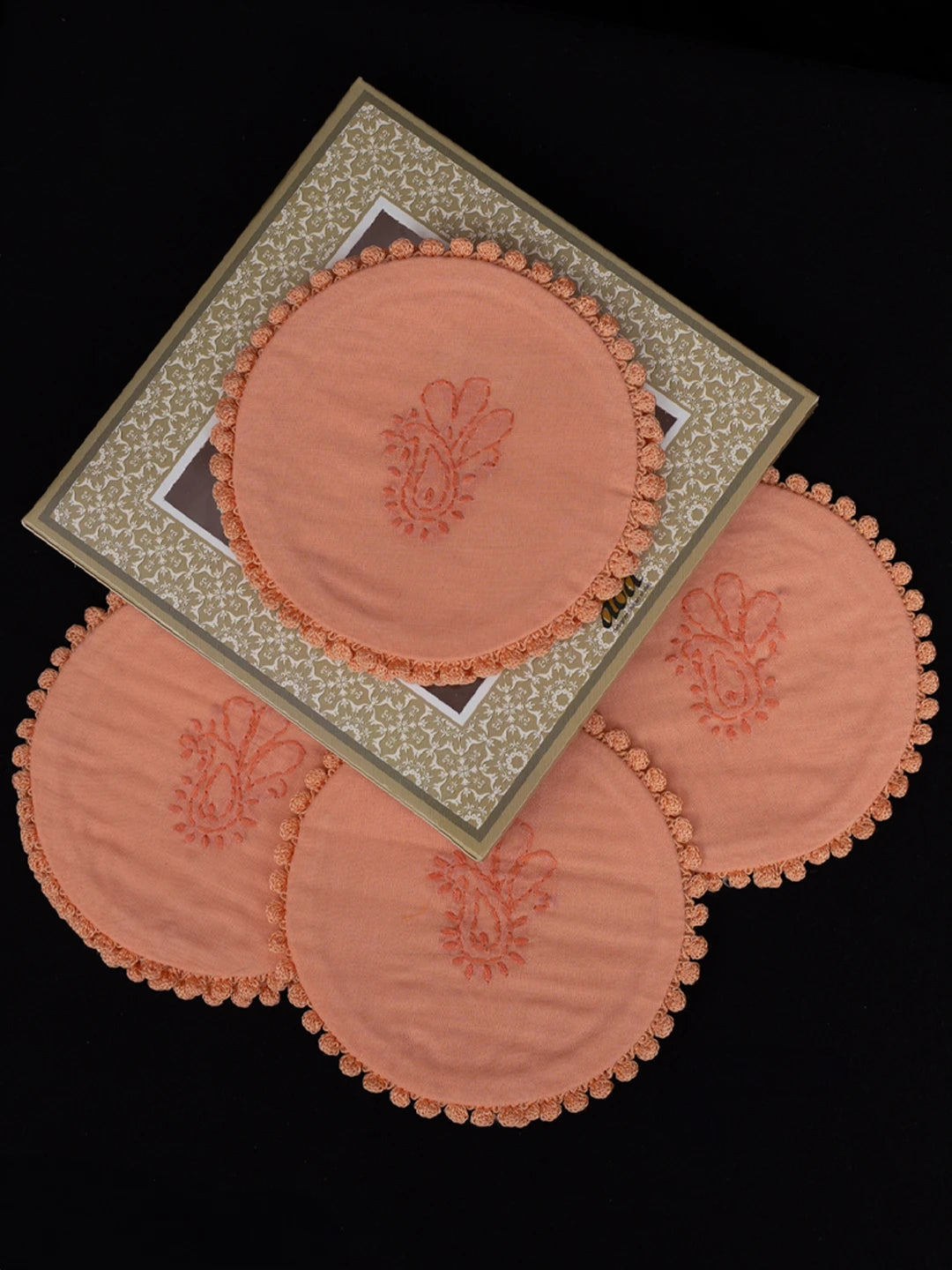 Ada Hand Embroidered Peach Cotton Lucknowi Chikankari Coaster 08A503042