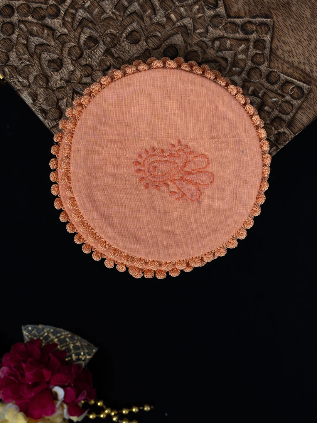 Ada Hand Embroidered Peach Cotton Lucknowi Chikankari Coaster 08A503042