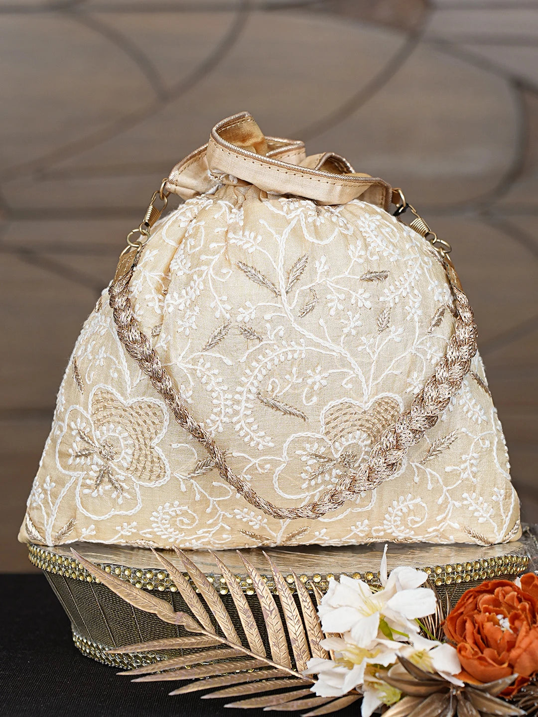Ada Hand Embroidered Fawn Silk Lucknowi Chikankari Potli Bag With Zari Work 01A784284