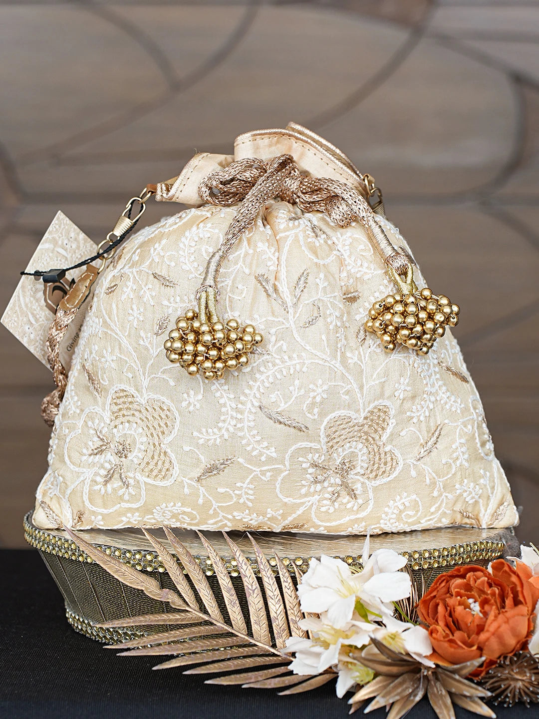 Ada Hand Embroidered Fawn Silk Lucknowi Chikankari Potli Bag With Zari Work 01A784284