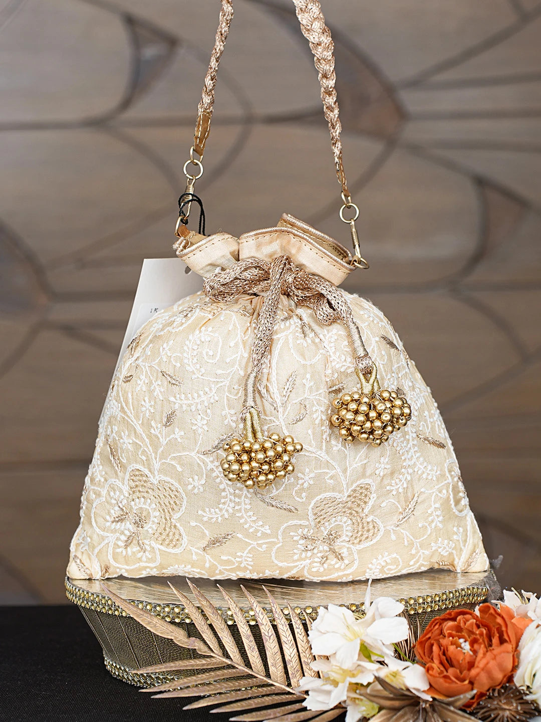 Ada Hand Embroidered Fawn Silk Lucknowi Chikankari Potli Bag With Zari Work 01A784284