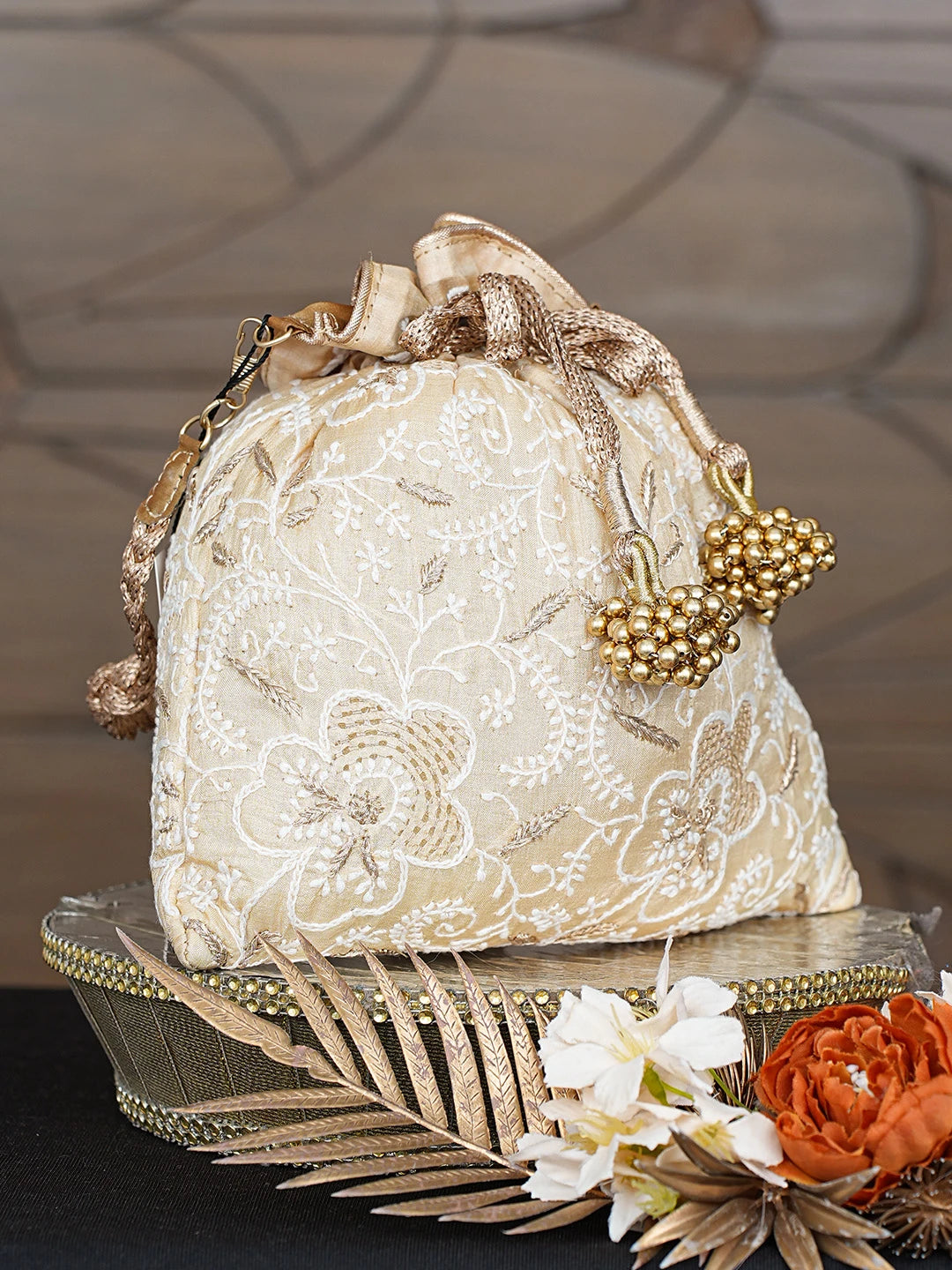 Ada Hand Embroidered Fawn Silk Lucknowi Chikankari Potli Bag With Zari Work 01A784284