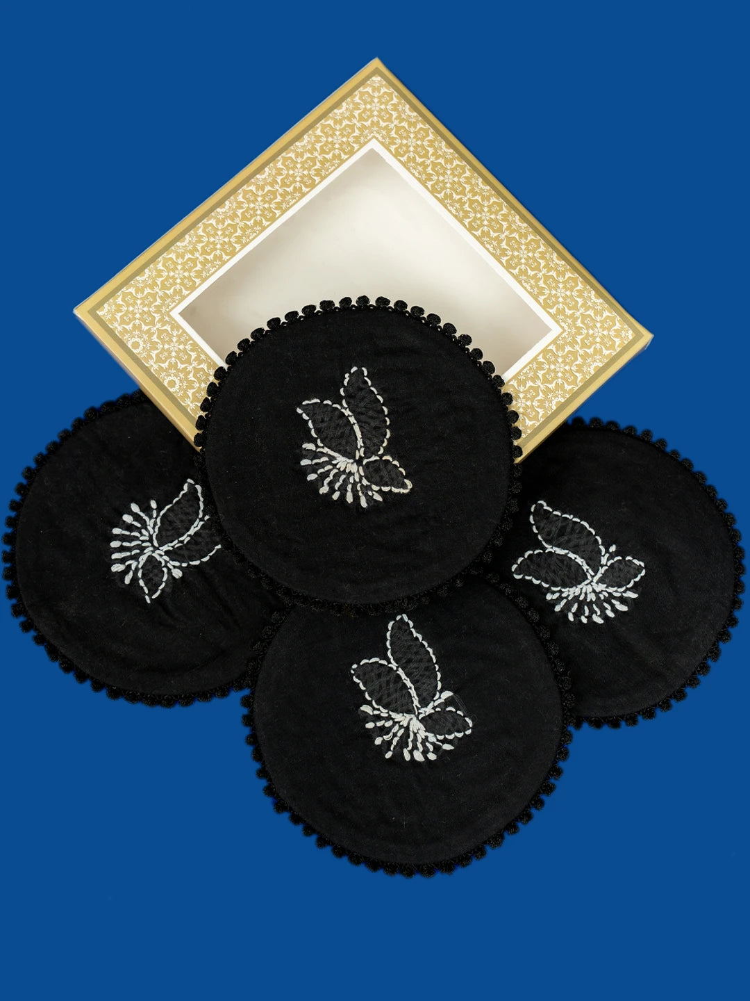 Ada Hand Embroidered Black Cotton Lucknowi Chikankari Coaster Set 08A503044