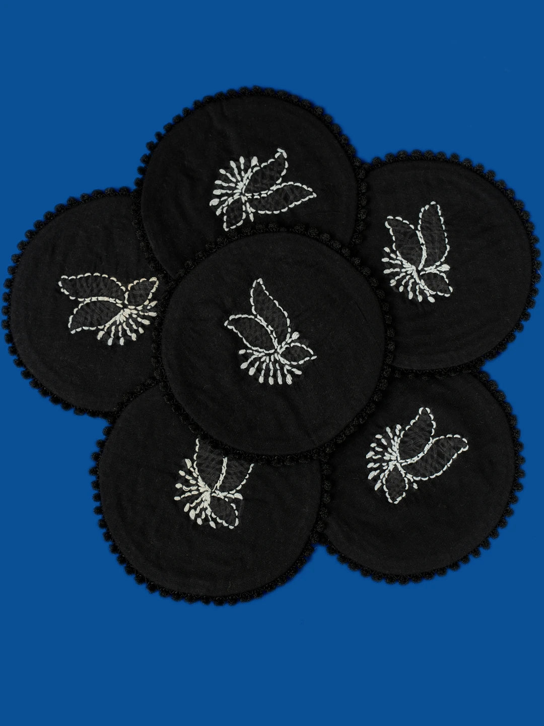 Ada Hand Embroidered Black Cotton Lucknowi Chikankari Coaster Set 08A503044