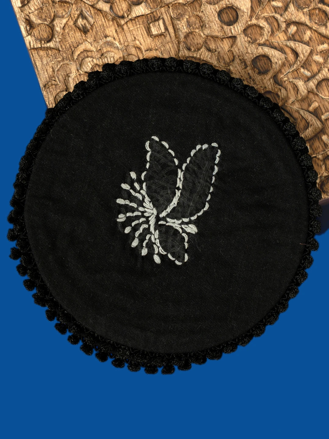 Ada Hand Embroidered Black Cotton Lucknowi Chikankari Coaster Set 08A503044