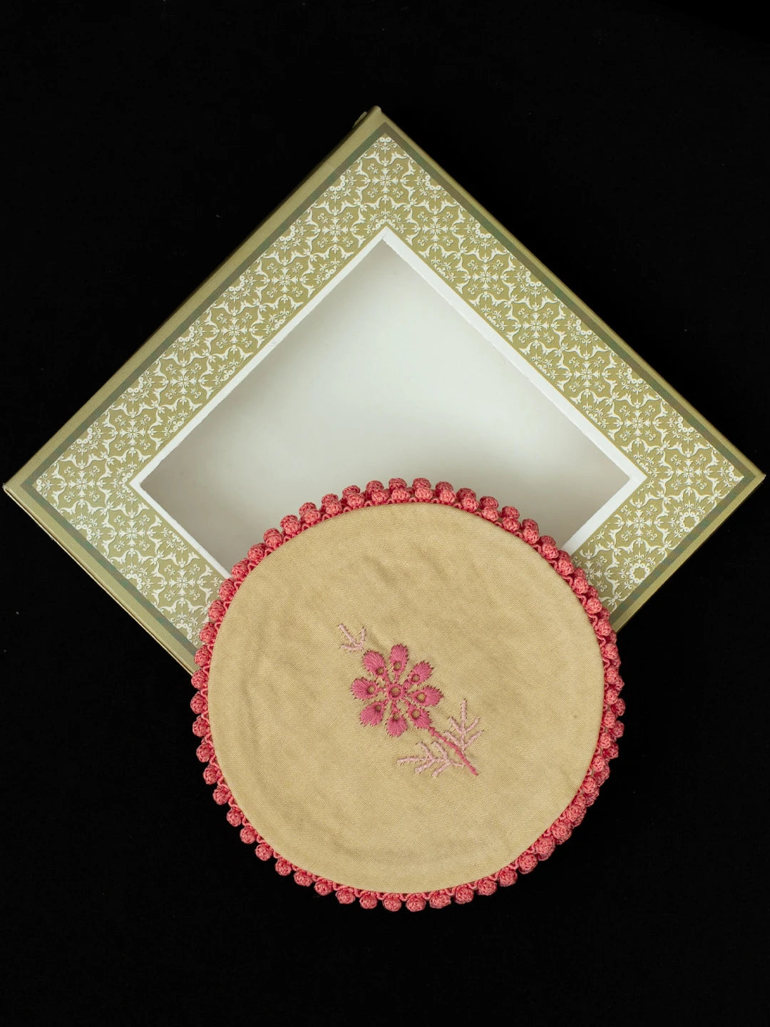 Ada Hand Embroidered Fawn Chanderi Lucknowi Chikankari Coaster Set 01A819957