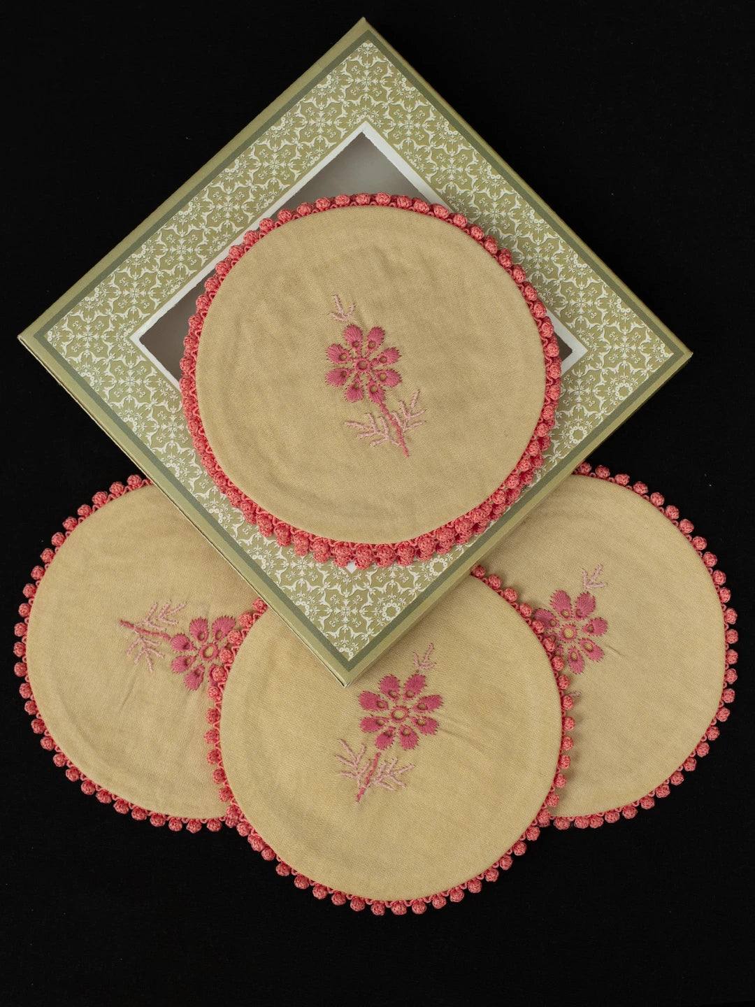 Ada Hand Embroidered Fawn Chanderi Lucknowi Chikankari Coaster Set 01A819957
