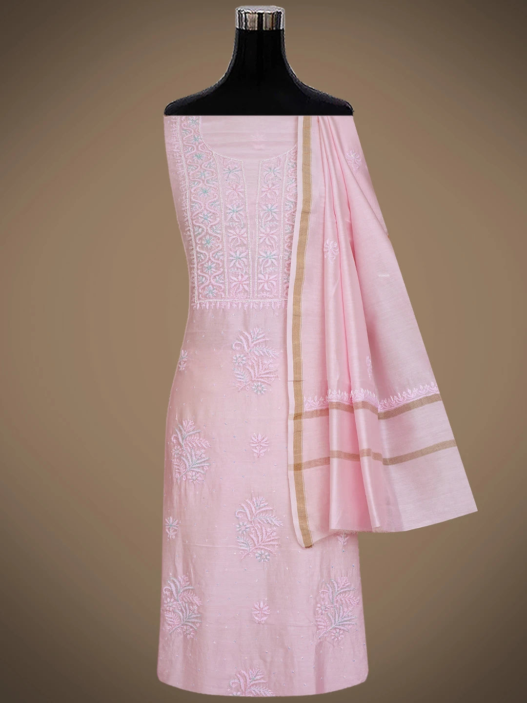 Ada Hand Embroidered Pink Chanderi Lucknowi Chikankari Unstitched Suit Piece With Cutdana Work 01A648327