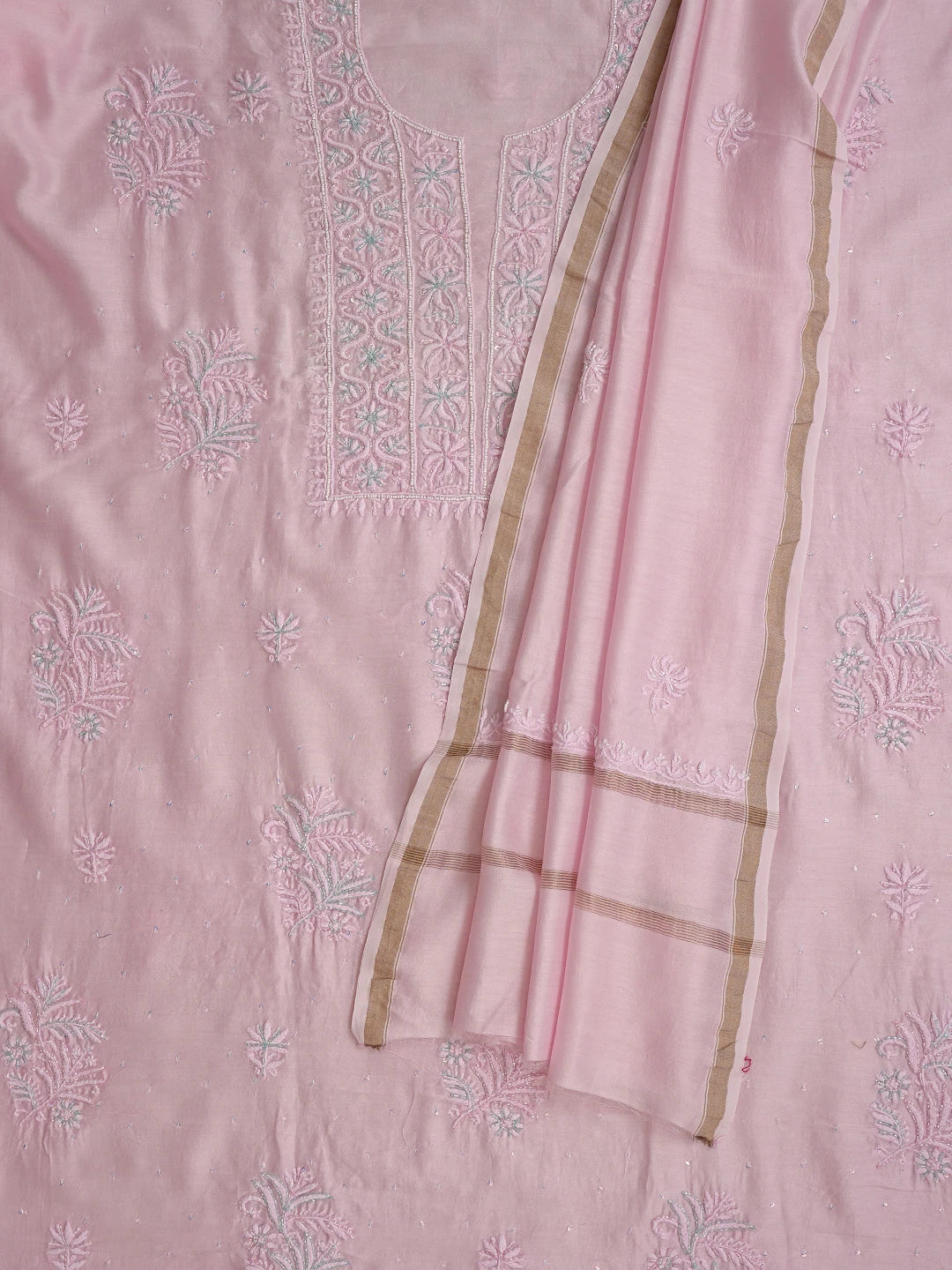 Ada Hand Embroidered Pink Chanderi Lucknowi Chikankari Unstitched Suit Piece With Cutdana Work 01A648327