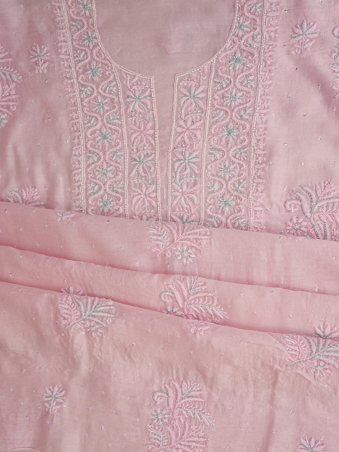 Ada Hand Embroidered Pink Chanderi Lucknowi Chikankari Unstitched Suit Piece With Cutdana Work 01A648327