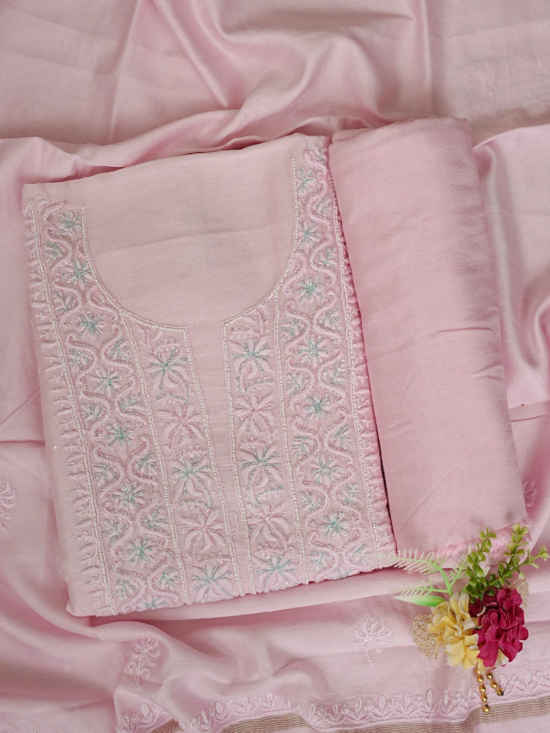 Ada Hand Embroidered Pink Chanderi Lucknowi Chikankari Unstitched Suit Piece With Cutdana Work 01A648327
