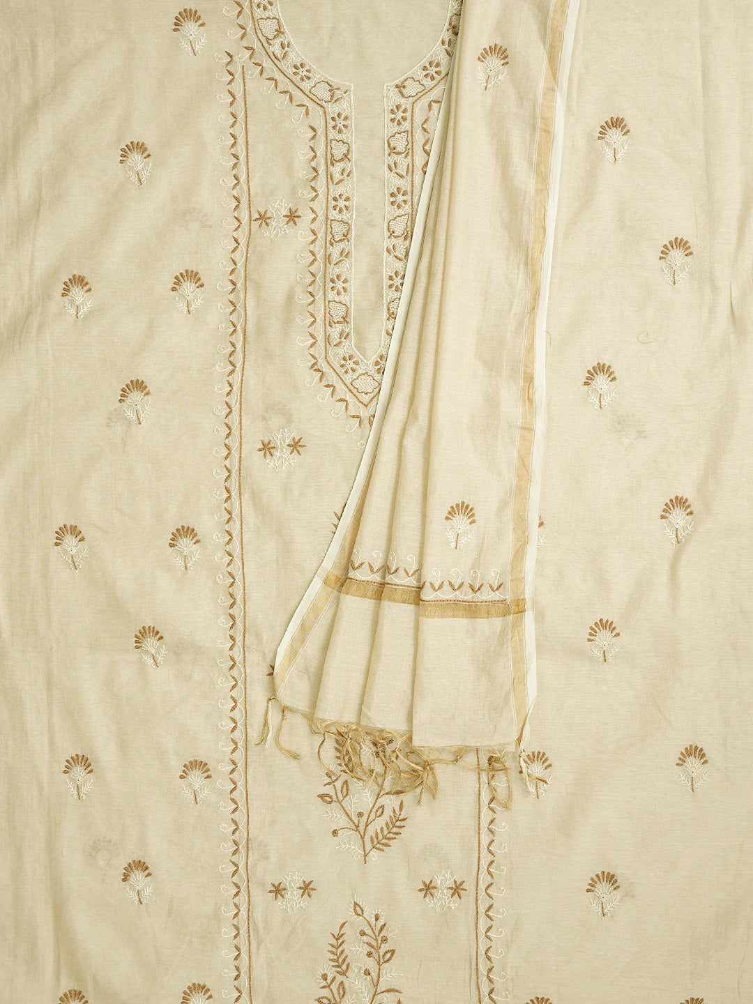 Ada Hand Embroidered Fawn Tissue Silk Lucknowi Chikankari Unstitched Kurta Dupatta Set 01A396353