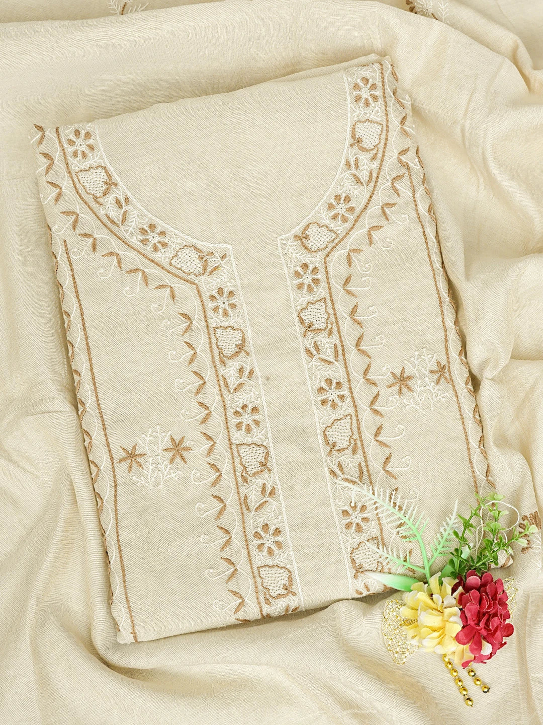 Ada Hand Embroidered Fawn Tissue Silk Lucknowi Chikankari Unstitched Kurta Dupatta Set 01A396353