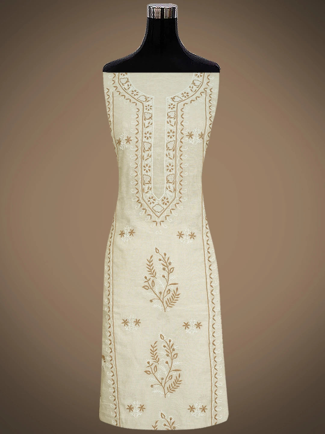 Ada Hand Embroidered Fawn Tissue Silk Lucknowi Chikankari Unstitched Kurta Dupatta Set 01A396353
