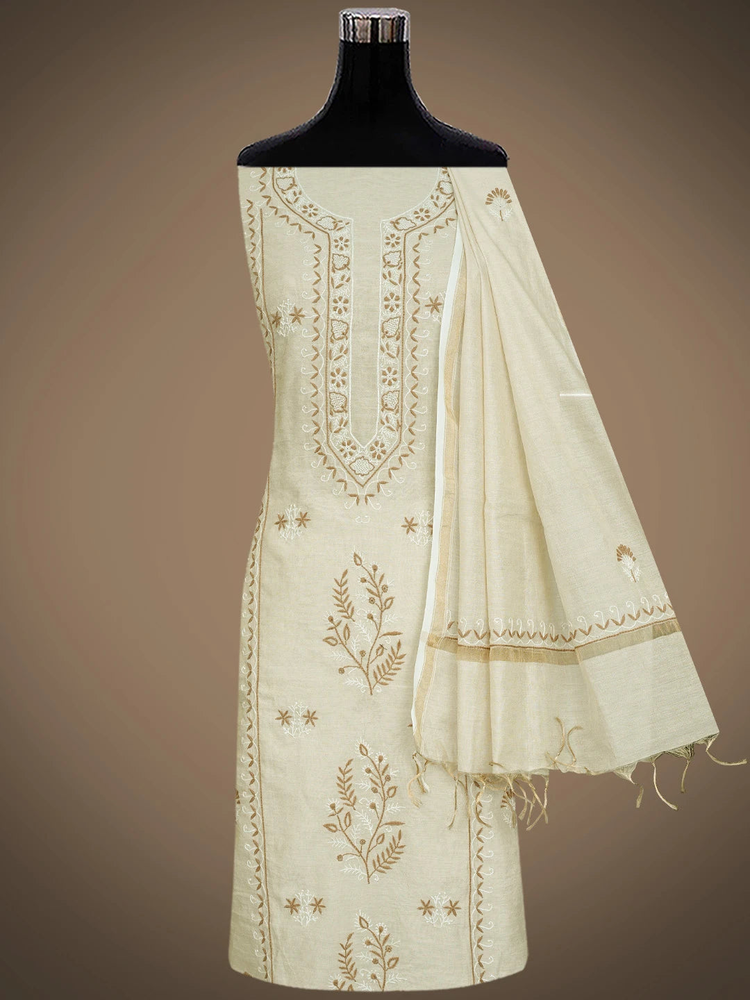 Ada Hand Embroidered Fawn Tissue Silk Lucknowi Chikankari Unstitched Kurta Dupatta Set 01A396353