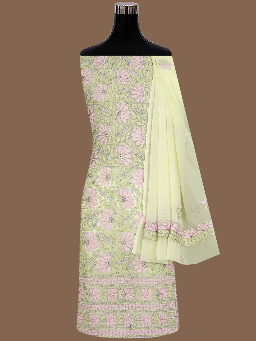 Ada Hand Embroidered Lemon Georgette Lucknowi Chikankari Unstitched Suit Piece 01A833119