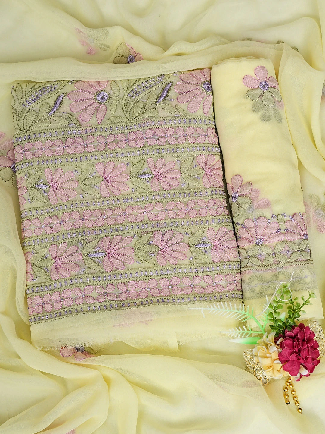 Ada Hand Embroidered Lemon Georgette Lucknowi Chikankari Unstitched Suit Piece 01A833119