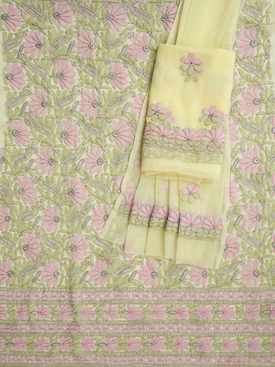 Ada Hand Embroidered Lemon Georgette Lucknowi Chikankari Unstitched Suit Piece 01A833119