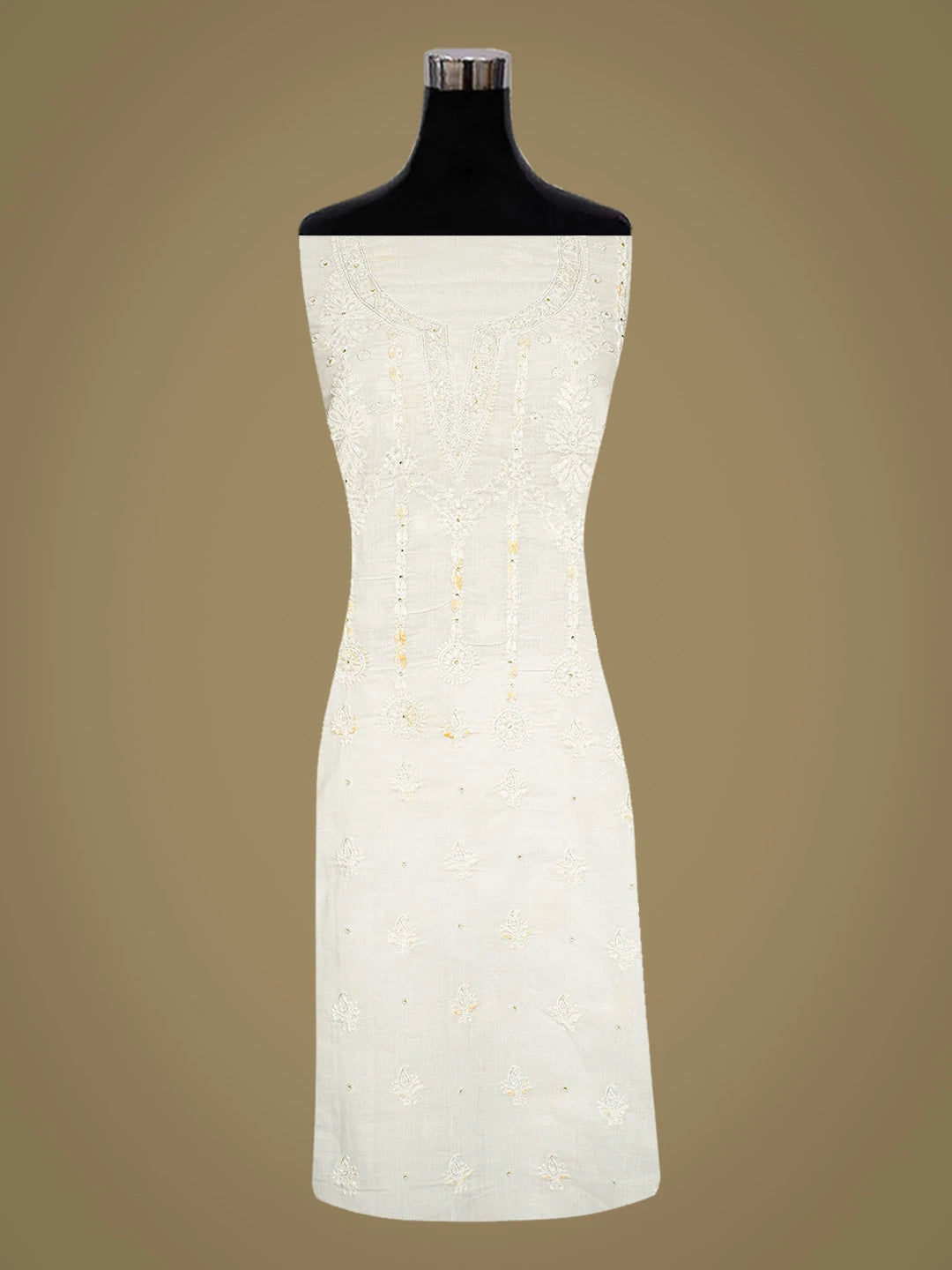 Ada Hand Embroidered White Cotton Lucknowi Chikankari Unstitched Kurta Piece With Cutdana Work 204269