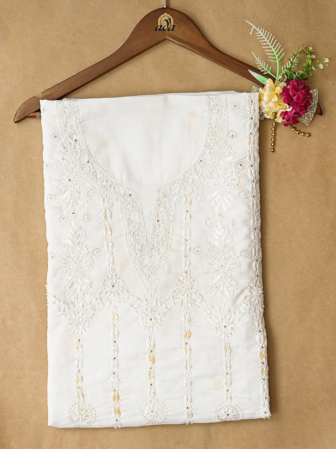 Ada Hand Embroidered White Cotton Lucknowi Chikankari Unstitched Kurta Piece With Cutdana Work 204269