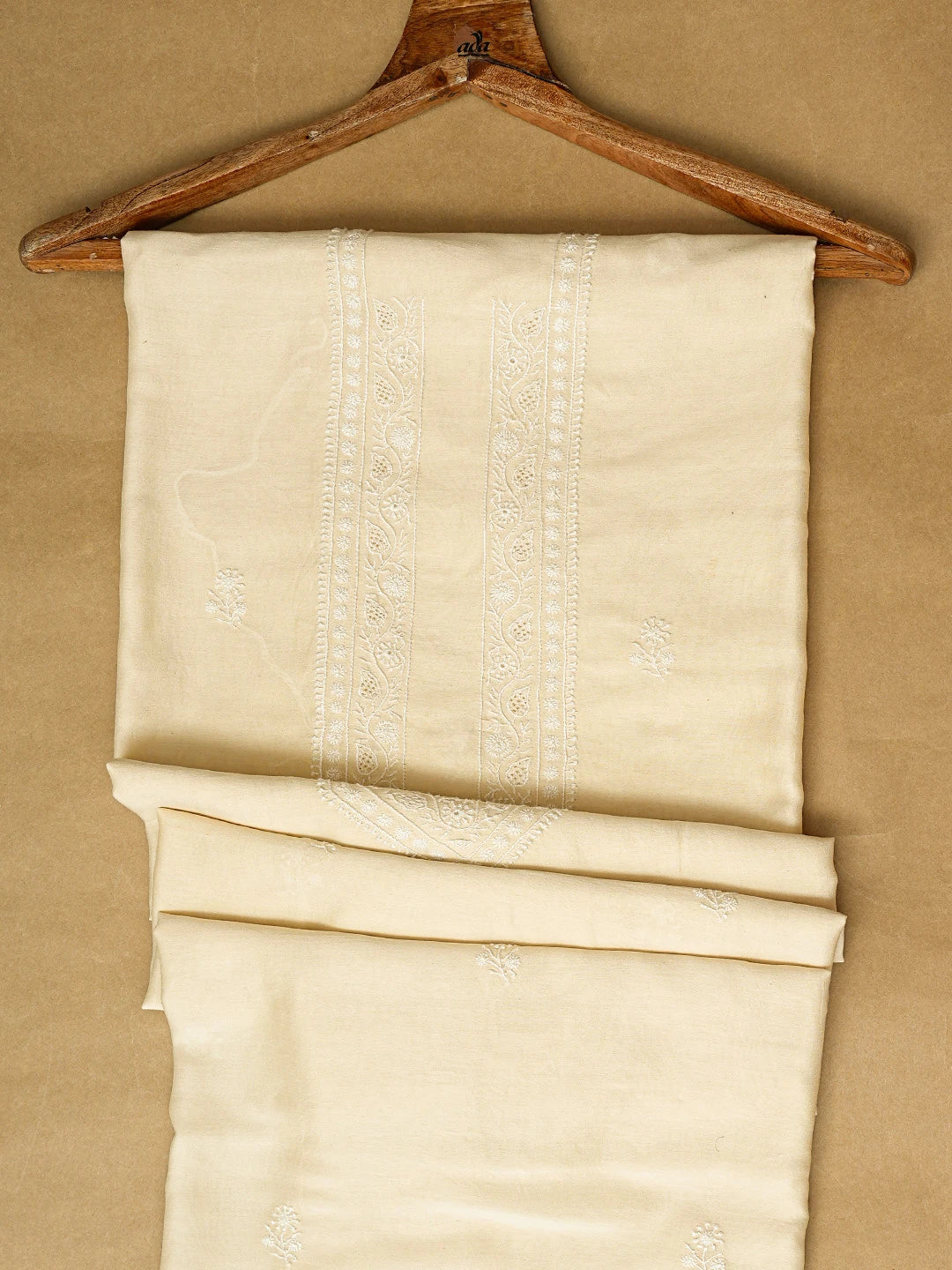 Ada Hand Embroidered Beige Chanderi Lucknowi Chikankari Unstitched Men's Kurta Piece 01A686109