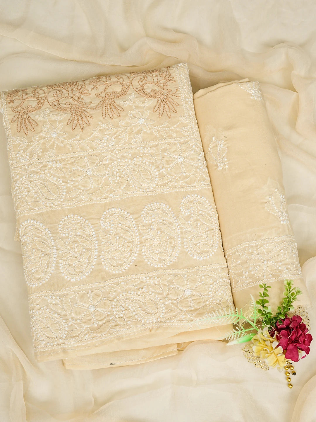 Ada Hand Embroidered Peach Puff Cotton Lucknowi Chikankari Unstitched Suit Piece 01A844684