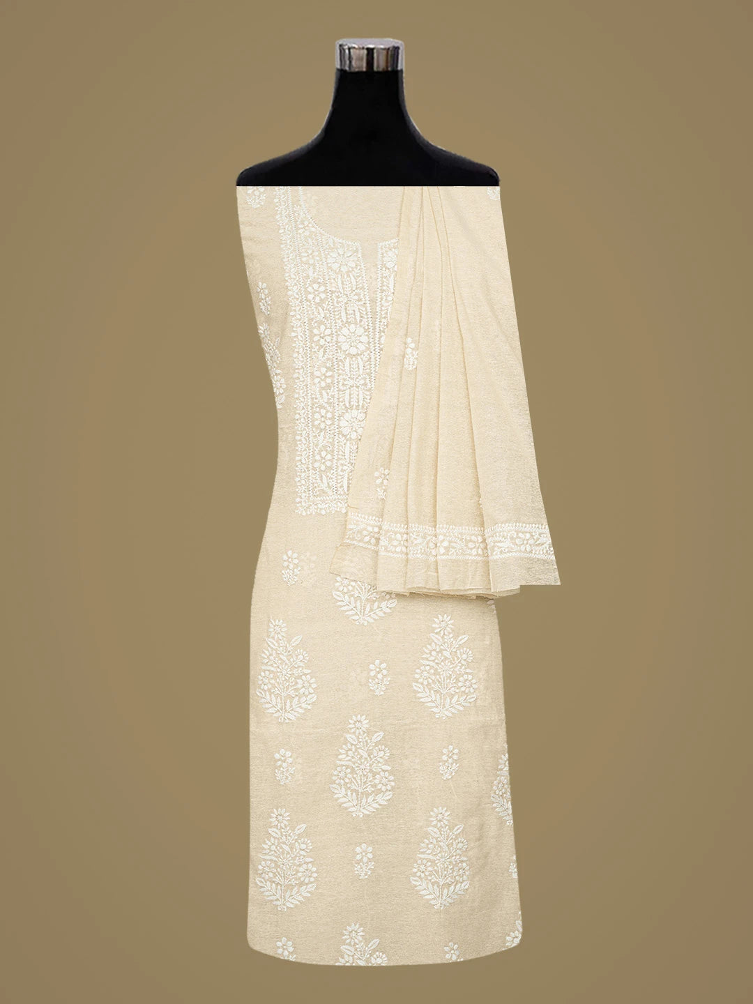Ada Hand Embroidered Fawn Chanderi Lucknowi Chikankari Unstitched Kurta Dupatta Set 01A838968