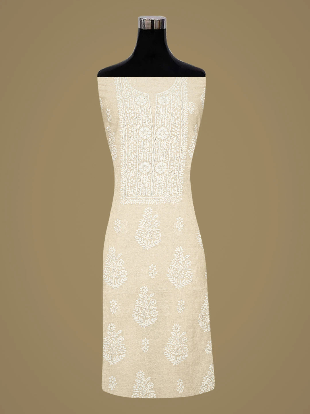 Ada Hand Embroidered Fawn Chanderi Lucknowi Chikankari Unstitched Kurta Dupatta Set 01A838968