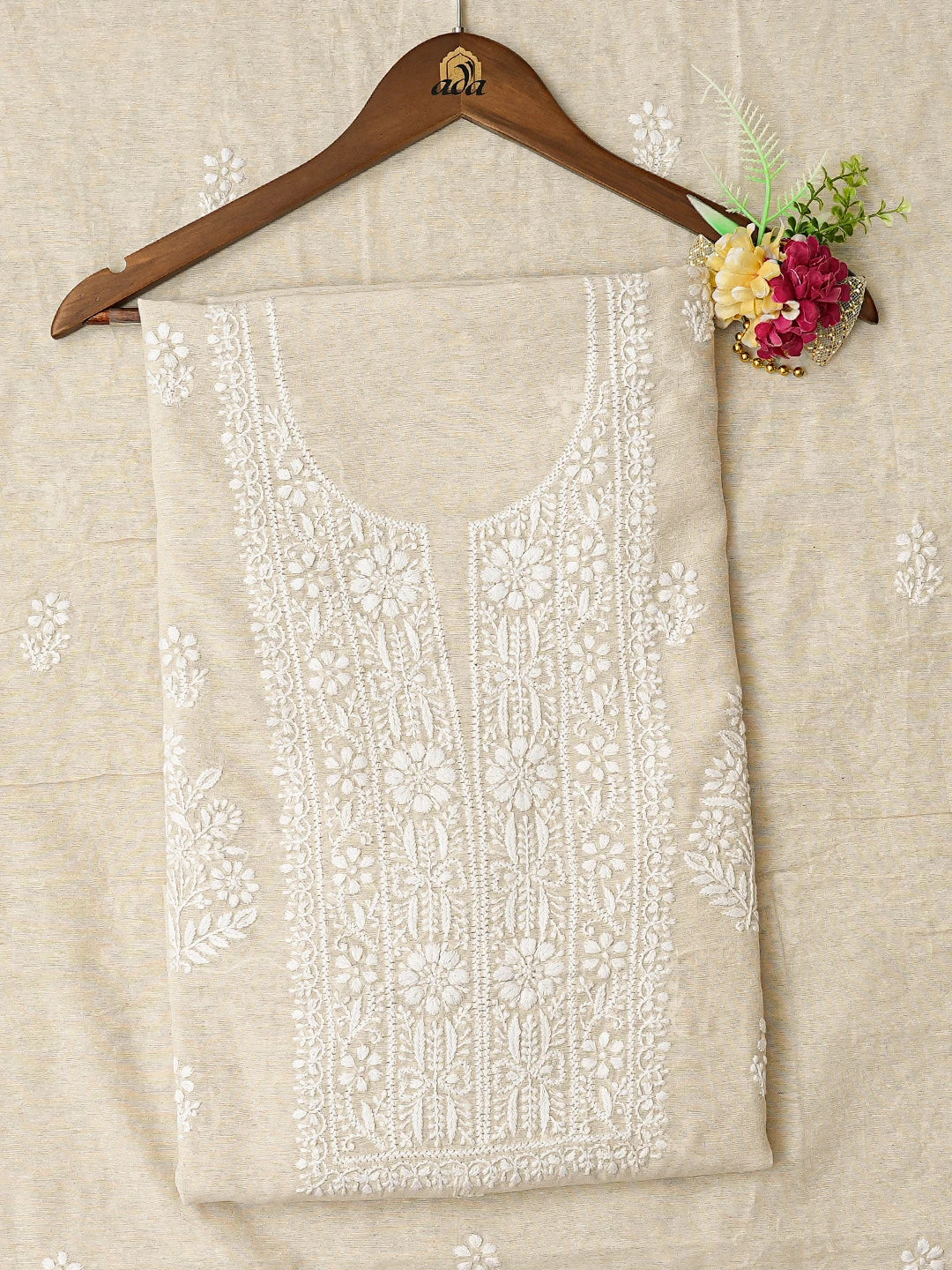 Ada Hand Embroidered Fawn Chanderi Lucknowi Chikankari Unstitched Kurta Dupatta Set 01A838968