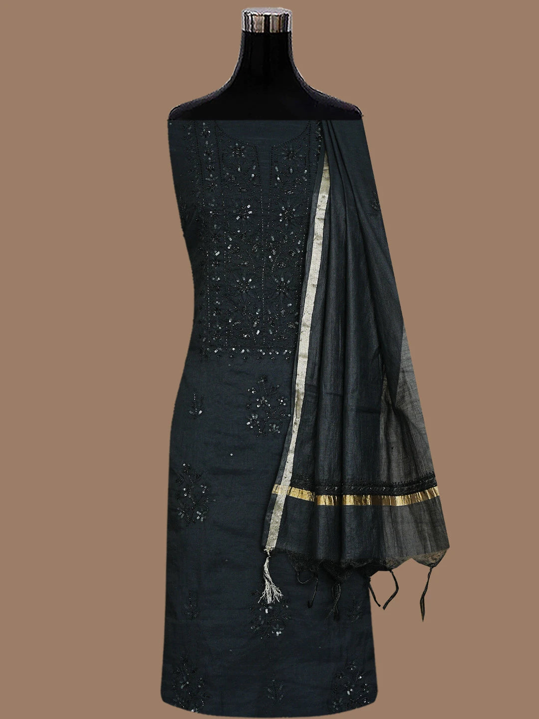 Ada Hand Embroidered Black Chanderi Lucknowi Chikankari Unstitched Kurta Dupatta Set With Sequinned Work 01A780330