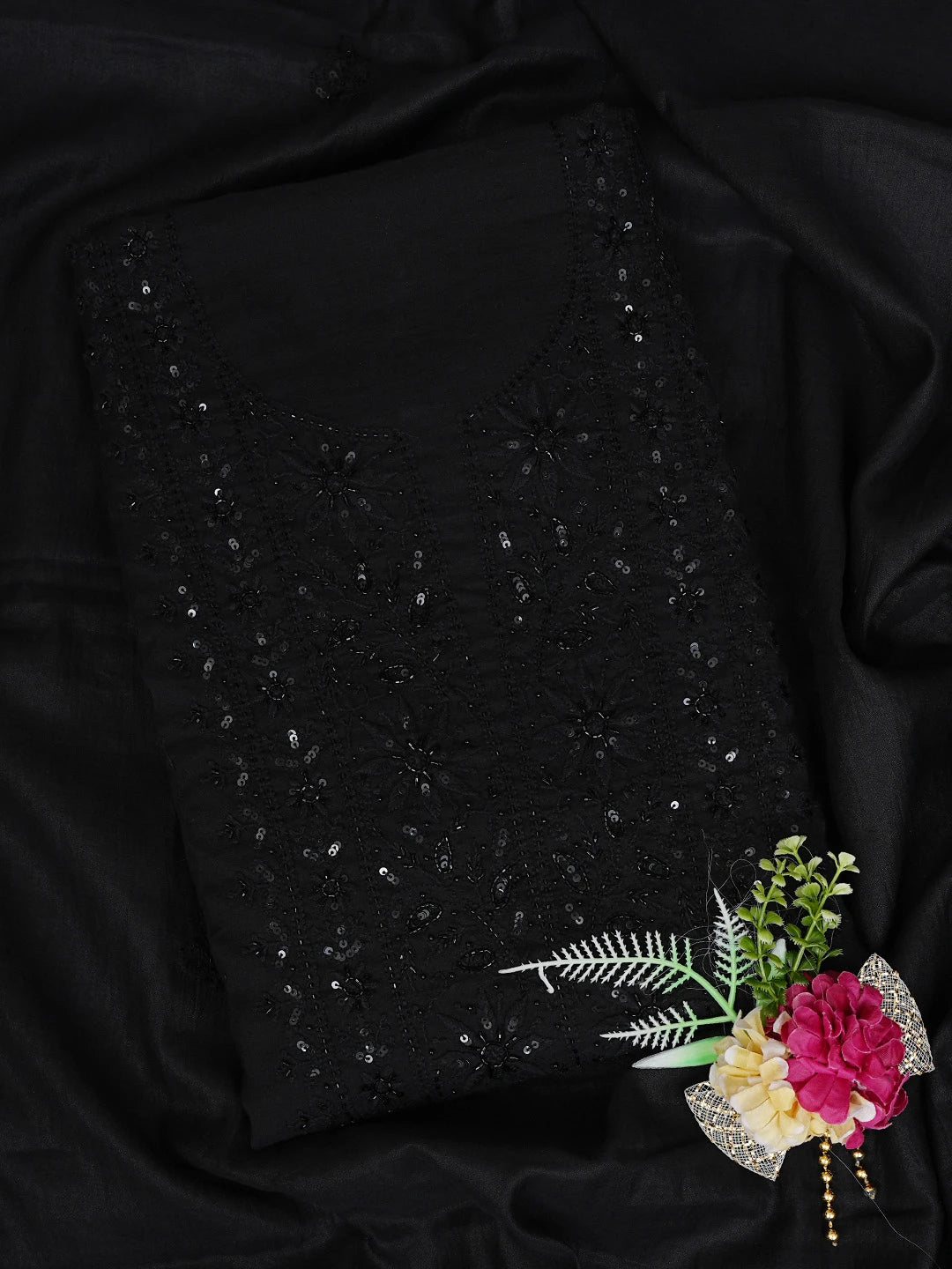Ada Hand Embroidered Black Chanderi Lucknowi Chikankari Unstitched Kurta Dupatta Set With Sequinned Work 01A780330