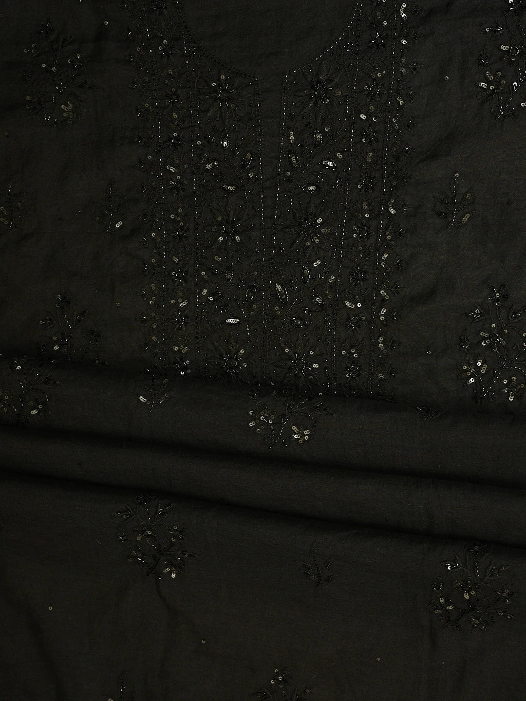 Ada Hand Embroidered Black Chanderi Lucknowi Chikankari Unstitched Kurta Dupatta Set With Sequinned Work 01A780330