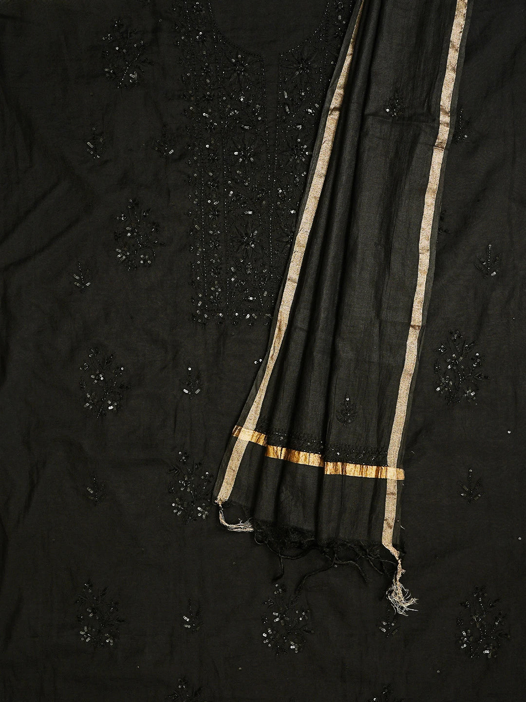 Ada Hand Embroidered Black Chanderi Lucknowi Chikankari Unstitched Kurta Dupatta Set With Sequinned Work 01A780330