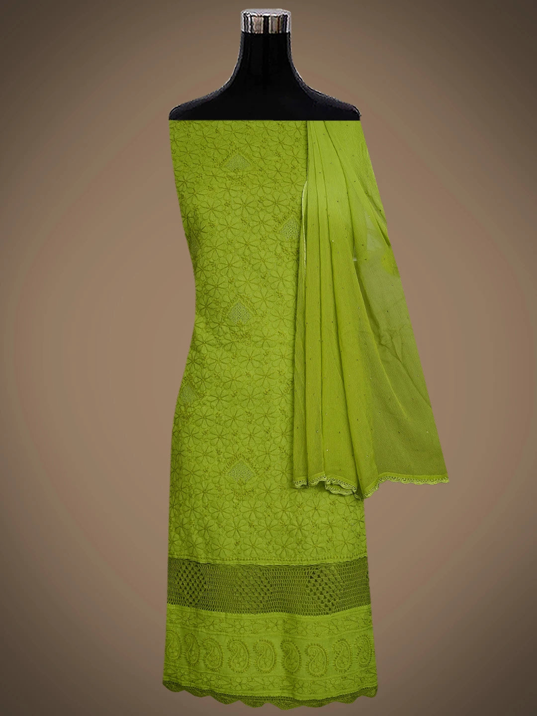 Ada Hand Embroidered Apple Green Cotton Lucknowi Chikankari Unstitched Suit Piece With Mukaish Work 01A839491