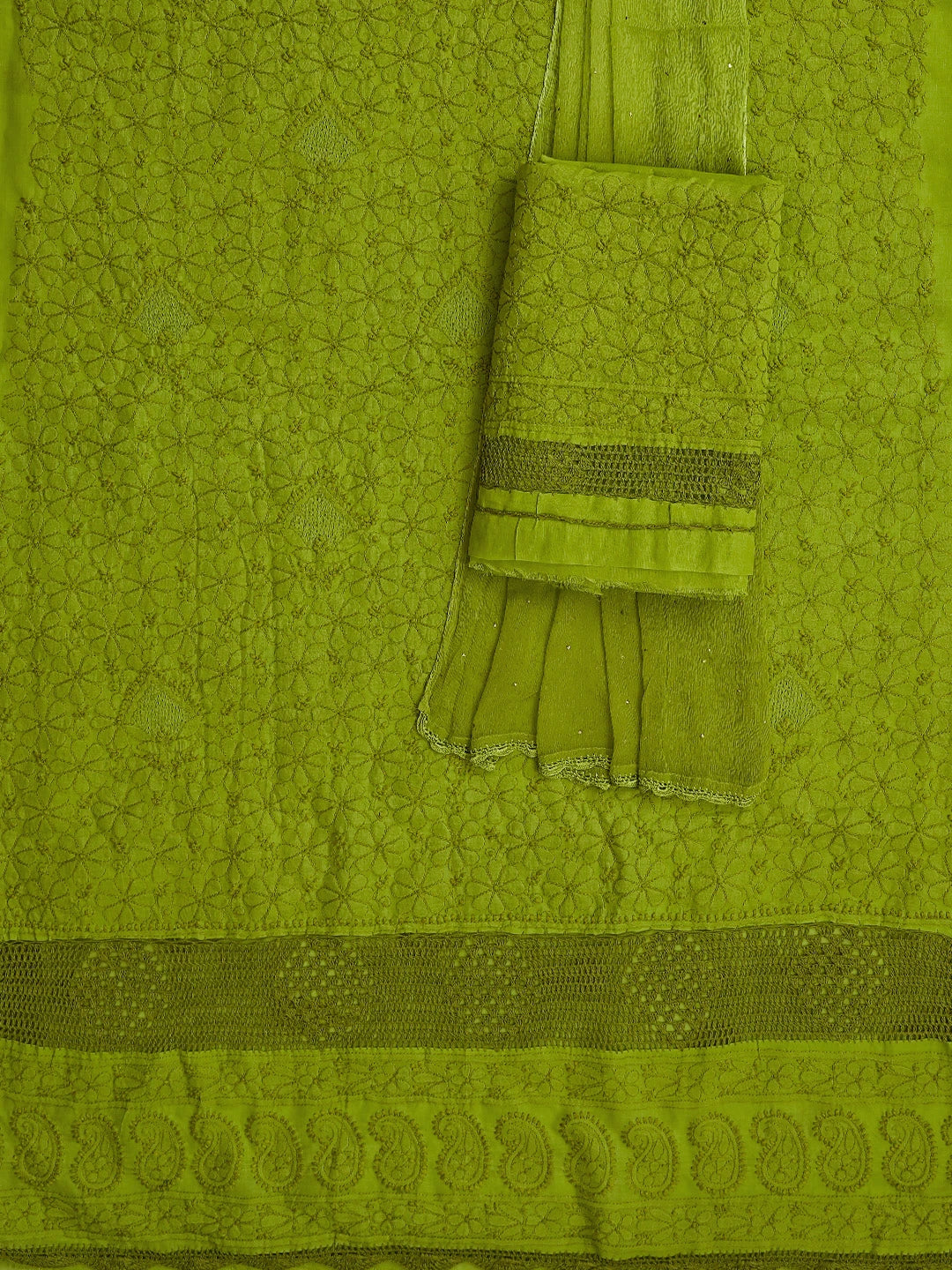 Ada Hand Embroidered Apple Green Cotton Lucknowi Chikankari Unstitched Suit Piece With Mukaish Work 01A839491