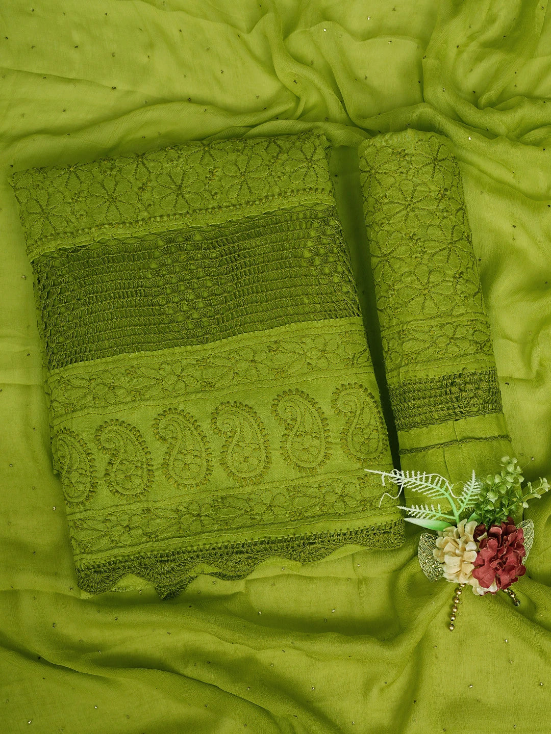 Ada Hand Embroidered Apple Green Cotton Lucknowi Chikankari Unstitched Suit Piece With Mukaish Work 01A839491