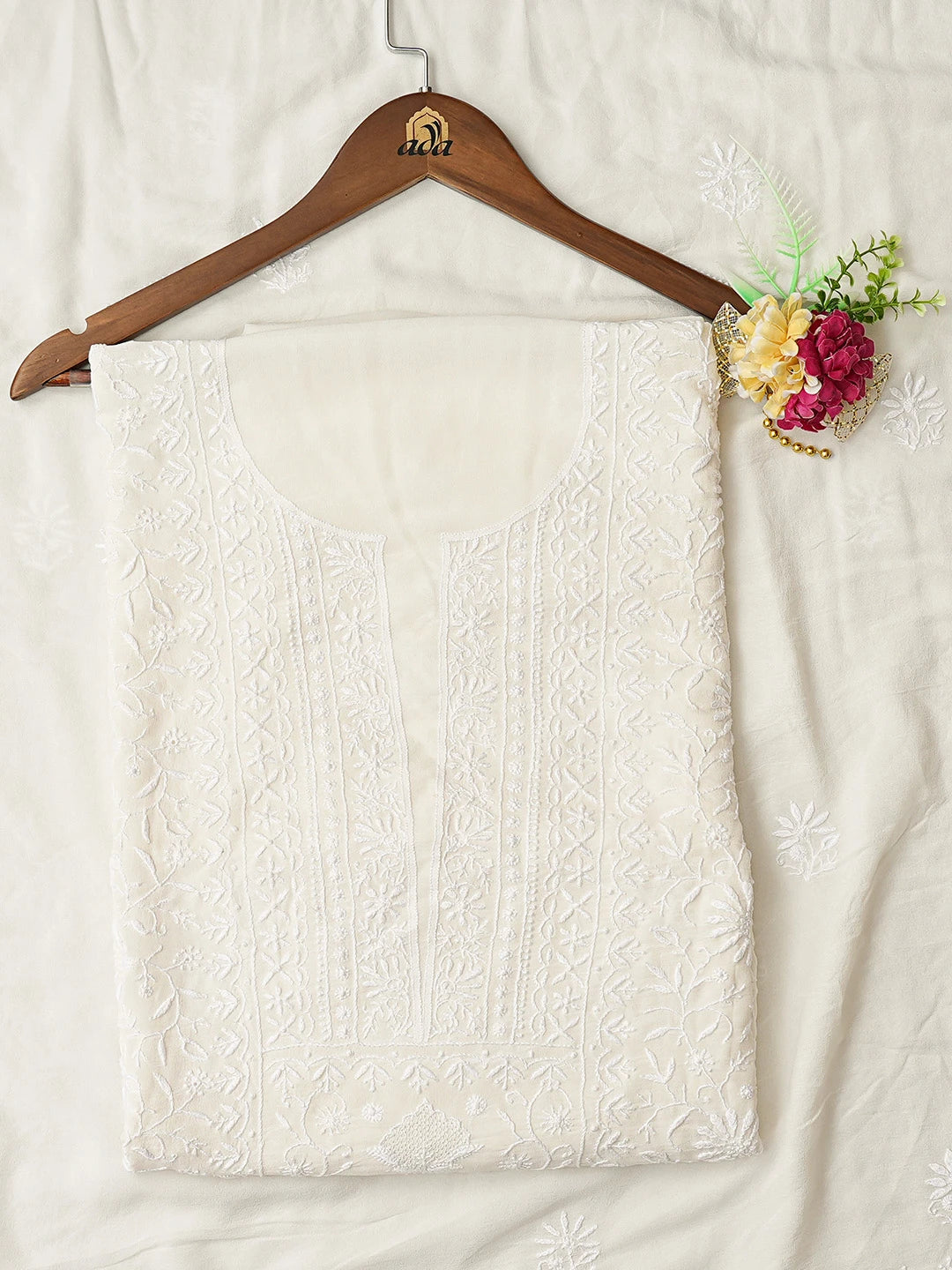 Ada Hand Embroidered White Pure Georgette Lucknowi Chikankari Unstitched Kurta Dupatta Set 01A662068